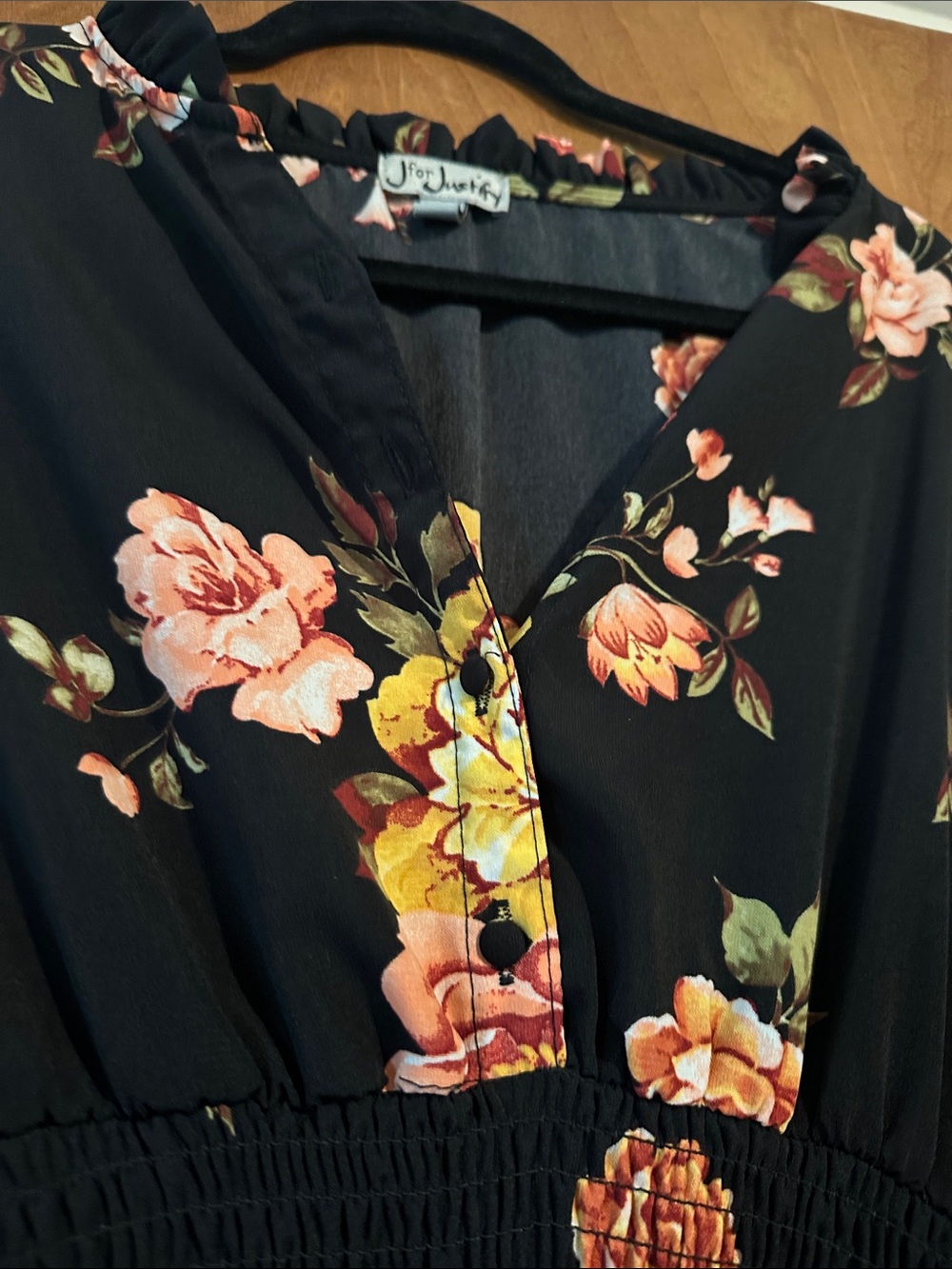 J for Justify Black Floral V-Neck Dress with Peach and Yellow Blooms - Picture 3 of 5